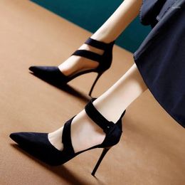 Dress Shoes High Heel Thin Heels Pumps Cow Suede Korean Style 2024 Women's Pointed Toe Office & Career Buckle Strap