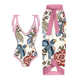 Women's Swimwear Womens Fashion Retro Print Conservative One piece Beach Dress Set 2-piece with Bra Pads and Steel Free Bra J240330