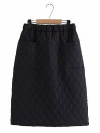 plus size Women's Winter Half Skirt Elastic Waist Straight Knee Length Square Pattern Stitching Cott Thick Laminated Skirt U5FO#