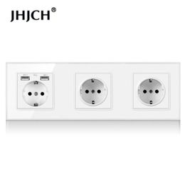 European Union Germany wallmounted crystal glass white panel power socket with three plugs grounded 16A triple 21100736063981394557