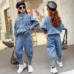 Clothing Sets Cool Cowboy Girls Jeans Casual Multi-button Jacket With Cargo Pants Big Children's Clothes Denim Suit Korean Style