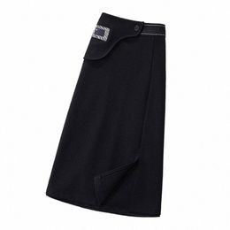plus Size Butt Irregular Waist Midi Tweed Skirts 4XL Women Spring Autumn Pockets Slit Ladies Loose Black A-line Skirt Faldas g5ye#