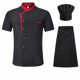 short Sleeve Chef Jacket Set Hotel Kitchen Work Uniform Cook Restaurant Cooking Shirts+Hat+Apr Chef Clothes For Man Women T4S6#