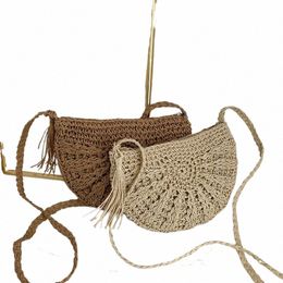 new Half Round Straw Bags for Women Summer Beach Rattan Bag Handmade Woven Half Mo Crossbody Handbags Bohemia H9v1#