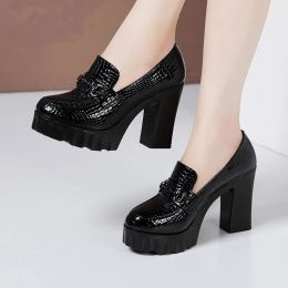 Plus Size 32-43 Genuine Leather Block Heels Pumps Women Platform Shoes 2022 Spring Fall High Heels Elegant Office Model Shoes