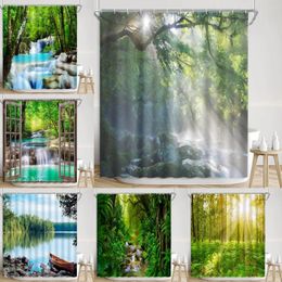 Shower Curtains Forest Landscape Curtain Rainforest Nature Waterfalls Rivers Sunshine Greenery Jungle Scenery Bathroom Decor