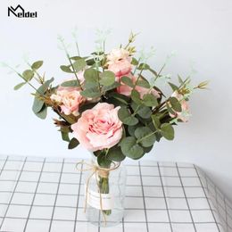 Decorative Flowers Meldel Silk Rose Bouquet Handmade Bride Wedding Artificial Peony Flower Eucalyptus Leaf White