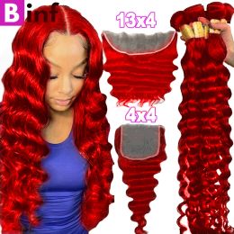 Closure Hot Red Coloured Loose Deep Wave Bundles with Closure 13x4 Frontal with Bundles Brazilian Remy Hair Bundles with Closure