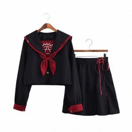 jk School Uniform Orthodox College Wind Black Lg-sleeved Female Cos Pleated Skirt Japanese Sailor Suit Student Novelty Uniform C29K#