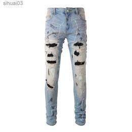 Men's Jeans Mens crystal elastic denim jeans street clothing patches work patches thin tapered pants paint holes tearsL2403