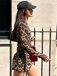 Basic Casual Dresses Sexy Leopard Print Long Slves Mini Dress For Women O Neck High Waist Vestidos 2024 Female Fashion Vacation Bikini Cover-up T240330