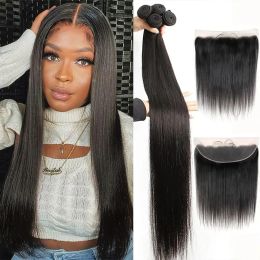 10A Brazilian Straight Remy Hair 36 40 Inch Human Hair Bundles With 13X4 Lace Frontal Human Hair Extensions For Black Women