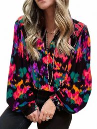 plus Size Tie-dyed Printed Puff Sleeve Blouse m0Sz#