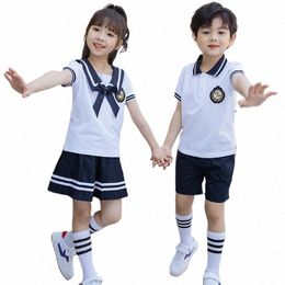 student Summer Childrens School Uniform Boys Girls Navy Sailor Collar Jack Pleated Skirt Shorts Set Graduati Costumes p6dR#