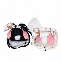 fi Women Canvas Crossbody Bags Female Cute Rabbit Shoulder Menger Bag Drawstring Bucket Bag Handbags c1QP#