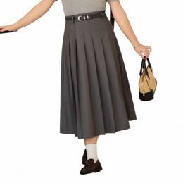 commuter High Waisted A-Line Calf Length Pleated Skirt Plus Size Women Fi Office Lady Grey Bottoms C2Aq#