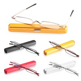 Unisex Mini Portable Readers Eyeglasses Slim Anti-blue Light Metal Frame Reading Glasses with Pen Clip Case Strength1.0~4.0