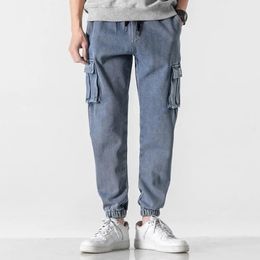 Denim Pants Male Mens jeans Trendy Korean Style Lace-up Jeans Solid Color Multi Pockets Ankle Tied Cargo Pants Denim Pants 240323