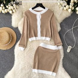 Work Dresses KUSAHIKI 2024 Autumn Winter Hit Colour Two Piece Sets Womens Outifits Long Sleeve O-neck Cardigan Sweater Coat Slim Mini Skirt