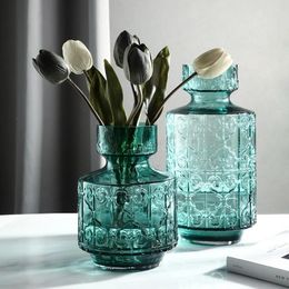 Vases American Retro Embossed Glass Vase Decoration Flower Arrangement In Transparent Blue Hydroponic Pot Container