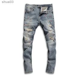 Men's Jeans Mens retro denim torn extremely faded slim fit jeans printed high-end street clothing fashionable hip-hop street clothing jeansL2403