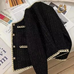 Czarny krótki mała kurtka zapachowa damska płaszcz tweed złotą nić tkana o zasobów karetki swobodne kurtki żeńskie 2023 wiosenne jesień nowe