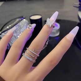 Cluster Rings Punk Gold Silver Color Butterfly Ring Multi-layer Hip Hop Chain Two Open Finger Set For Women 2024 Fashion Jewelry Gifts