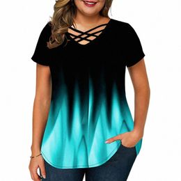 plus Size Womens Gradient Cross V Neck Tunic Tops Ladies Short Sleeve Summer Loose T-Shirt High Quality Clothes Clothing 2023 V4q0#