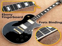 whole Top Quality LP Custom Shop Black Color Electric Guitar ebony Fretboard Binding frets Golden Hardware4601374