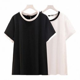 150kg Plus Size Women's Bust 152 Summer Loose Ctrast Colour Stitching Short-Sleeve T-Shirt Black White 5XL 6XL 7XL 8XL 9XL o7Yl#