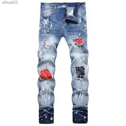 Men's Jeans Mens street clothes denim jeans flowers Chinese dragon pattern patches pants painted holes tears ultra-thin tape elastic pantsL2403