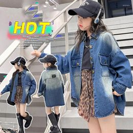 Jackets 2024 Korean Spring Autumn School Girl Denim Coats Children Gradient Single-breasted Sport Junior Casual Outwears