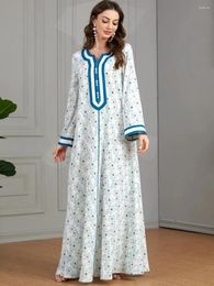 Ethnic Clothing Indonesia Middle East Printed Long-Sleeved V-neck Women's Dress Casual Stitching Embroidered Robe