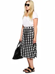 plus Size Elastic Waist Elegant Fi Spring Autumn Flare Skirt Women Black And White Plaid A-line Skirt Large Size Midi Skirt b5EW#
