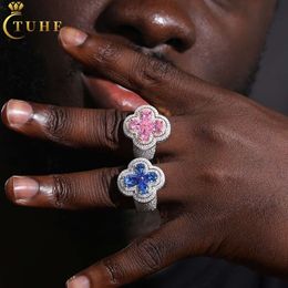 Designer hot selling Hip Hop Luxury Wedding Jewelry Couple Lucky Clover 925 Sterling Silver Pink Water Drop VVS Moissanite Diamond Iced Out Cross Ring