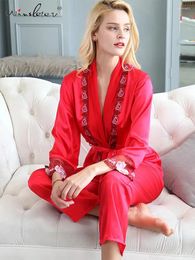 Home Clothing Floral Lace V-neck Real Silk Sexy Pyjama Set Breathable Comfortable Night-robe 2024 Spring Autumn Loungewear S30756QM