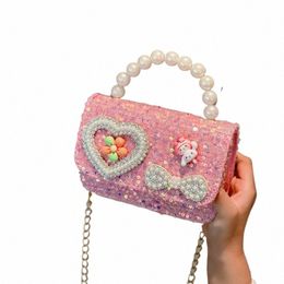 pearl Beaded Children's Small Square Shoulder Bag Sweet Bow Sequin Girls Menger Bags Lovely Princ Handbags Accories 39lI#