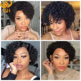 Wear Go Glueles Curly Wigs Short Pixie Cut Human Hair For Women Natural Black Remy Hair 150% Density Cheap Side Part Human Wigs