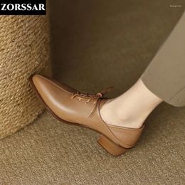 Casual Shoes Genuine Leather Women Oxford Pointed Toe Boat For Woman Pumps Lace Up Low Heel Office Ladies Shoe Retro Chunky Heels