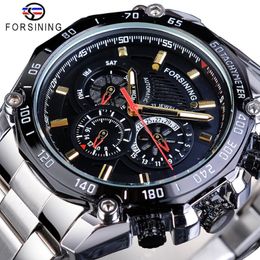 Forsining Sport Style Men's Mechanical Watches Black Automatic 3 Sub Dial Date Stainless Steel Belts Outdoor Military Wristwa283Y