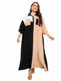 gibsie Plus Size Colour Block Patchwork Shirt Dr Women Spring Summer Oversized 3/4 Sleeve Pocket Casual Maxi Lg Dres M0dN#