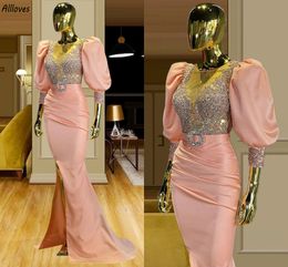 Glitter Sequined Crysals Formal Evening Dresses For Women Puffy Sleeves Light Pink Elegant Satin Prom Party Gowns Sexy Split Mermaid Second Reception Dress CL3437