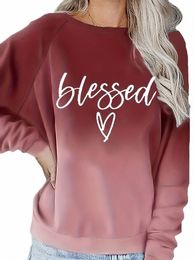 women's Plus Size Winter Casual Sweatshirt Ombre & Letter & Heart Print Raglan Sleeve Round Neck Slight Stretch Pullover Top m80Z#