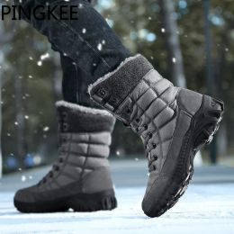 PINGKEE Winter Boots Thick Short Plush Warm Snow Boots Lace Up Outdoor Waterproof Non-Slip Sole Trekking Shoes Casual For Men