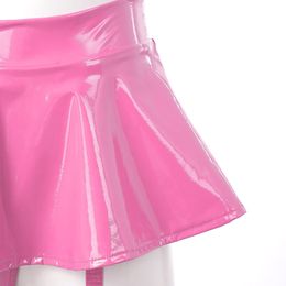 Womens Wet Look Sexy Mini Skirts Patent Leather Ruffle Metal Clips Short Skirt Erotic Party Date Clubwear Pole Dance Costume