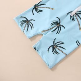 Toddler Baby Boy Summer Swimwear Blue Rash Guard Swimsuit Short Sleeve Tropical Tree Print Half Zipper Bathing Rompers
