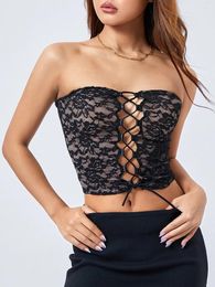 Women's Tanks Women Fashion Tube Tops Lace Embroidery Boat Neck Strapless Cross Tie-Up Tank Summer Backless Bandeau Shirts