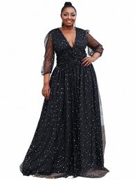 missord Women Polka Dot Plus Size Dr Summer V Neck Lg Sleeves Thigh Split A-line Beach Party Prom Dres Black Ball Gown c06x#