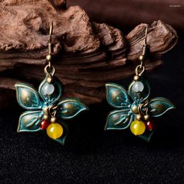 Dangle Earrings Copper Flowers Vintage Original Handmade Aventurine Yellower Nature Stones Ethnic