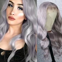 Nxy Vhair Wigs Rongduoyi Body Wave Synthetic Middle Part Sliver Gray Lace Front Wig Heat Resistant Grey Hair Frontal Cosplay Use 240330